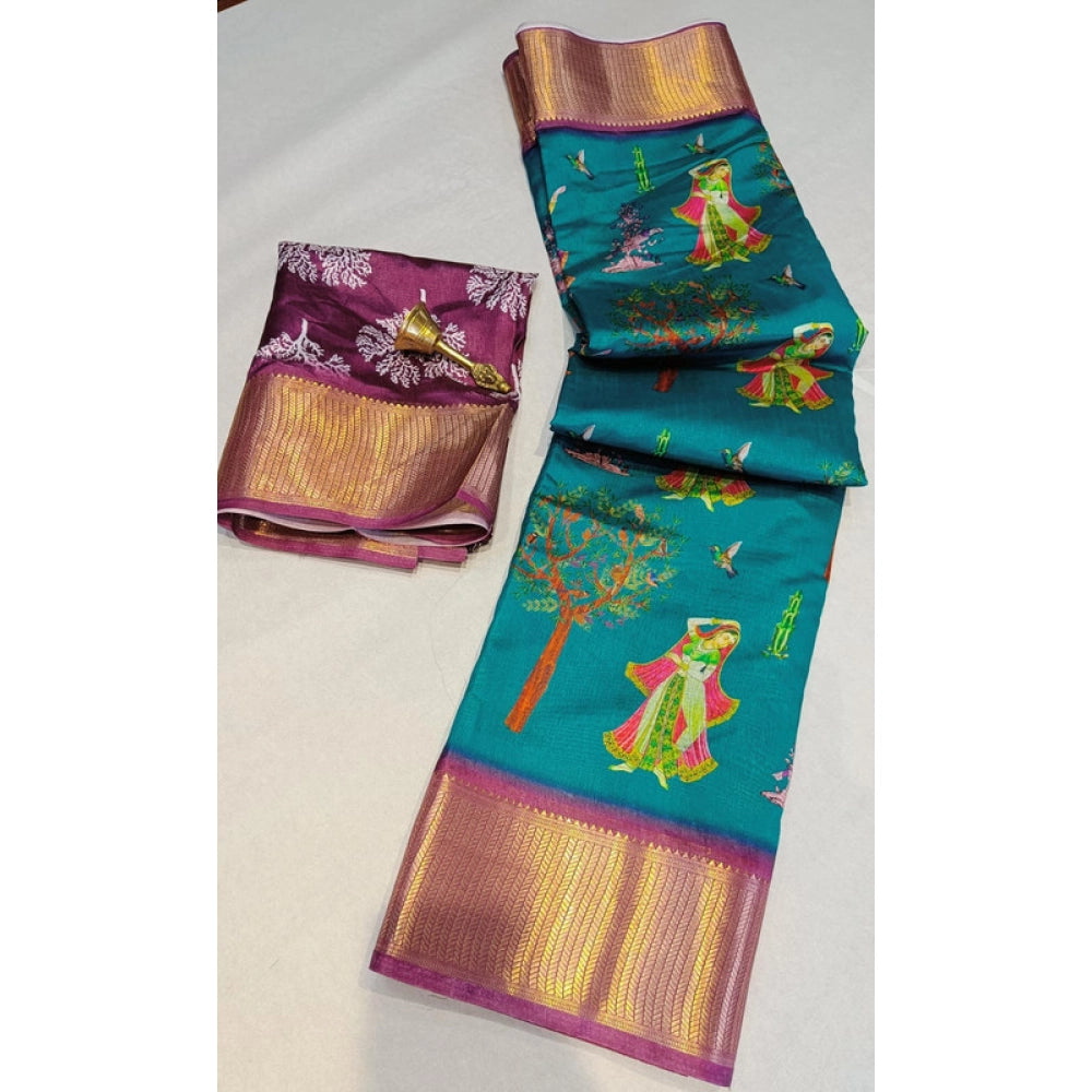 Vaystra Digital Dolla Silk Printed Saree With Unstitched Blouse 5.5Mtr – Turquoise Green