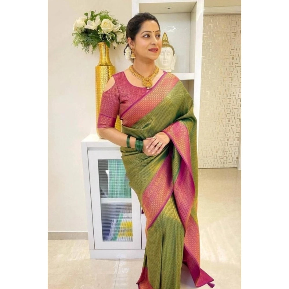 Vaystra Soft Lichi Silk Printed Saree With Unstitched Blouse 5.5Mtr – Mehndi Green