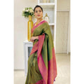 Vaystra Soft Lichi Silk Printed Saree With Unstitched Blouse 5.5Mtr – Mehndi Green