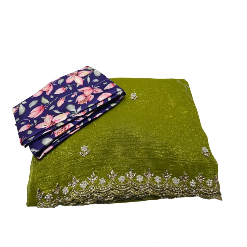 Vaystra Stone Work Soft Silk Saree With Unstitched Blouse – Green, Material: Soft Silk