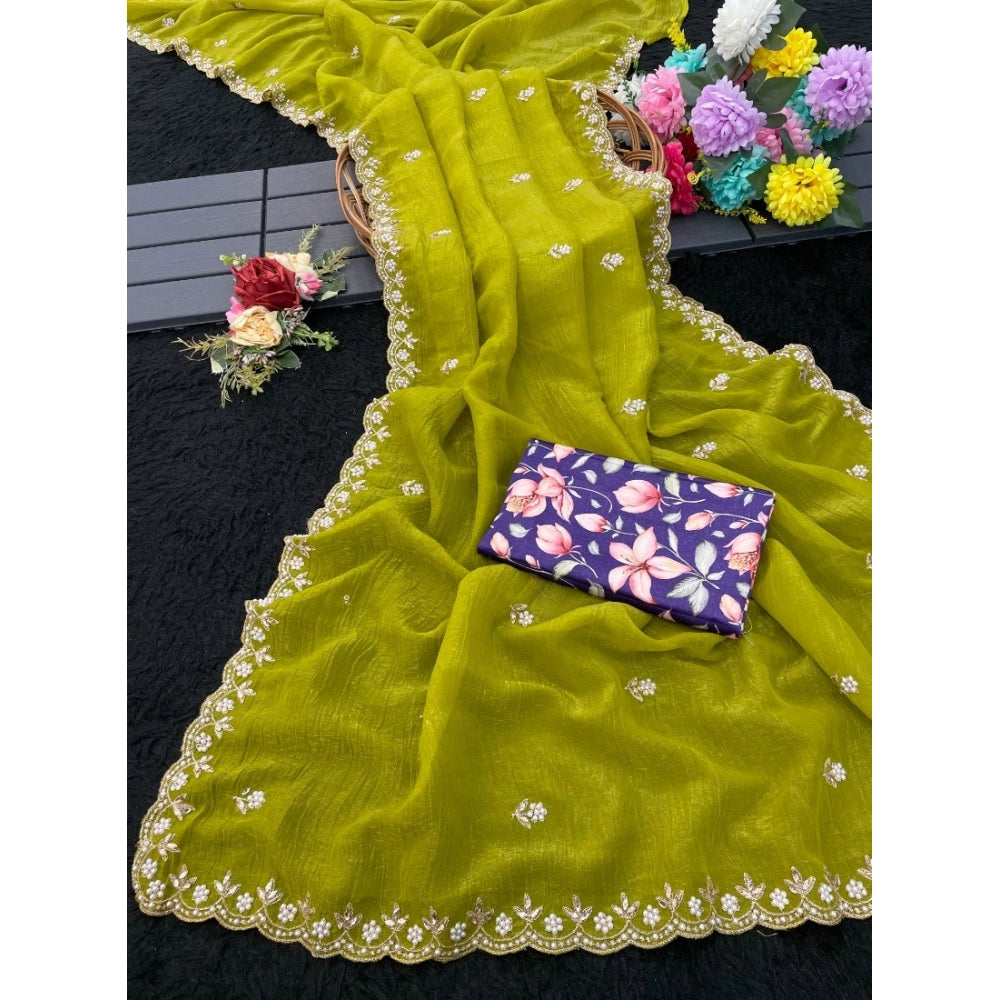 Vaystra Stone Work Soft Silk Saree With Unstitched Blouse – Green, Material: Soft Silk