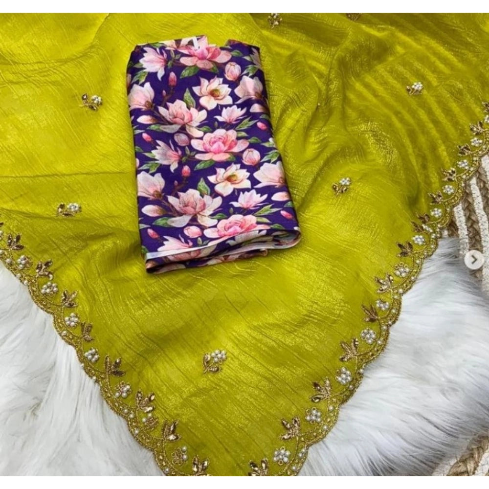 Vaystra Stone Work Soft Silk Saree With Unstitched Blouse – Green, Material: Soft Silk
