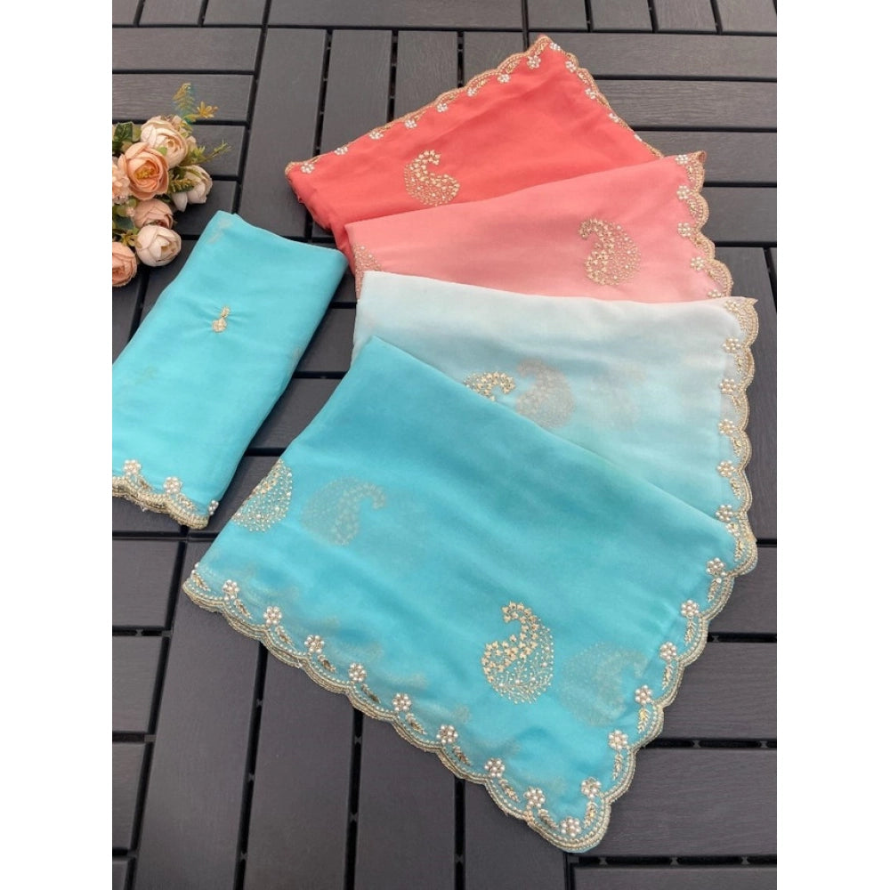 Vaystra Digital Printed Geogette Saree With Unstitched Blouse – Blue, Material: Geogette