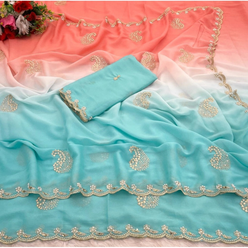 Vaystra Digital Printed Geogette Saree With Unstitched Blouse – Blue, Material: Geogette
