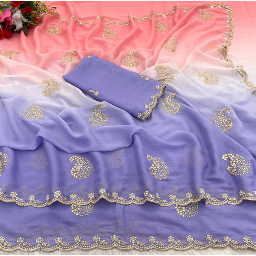 Vaystra Digital Printed Geogette Saree With Unstitched Blouse – Purple, Material: Geogette