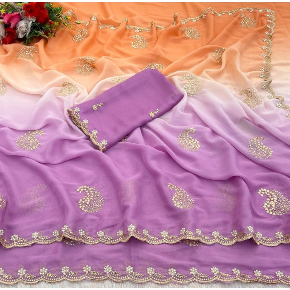 Vaystra Digital Printed Geogette Saree With Unstitched Blouse – Wine, Material: Geogette