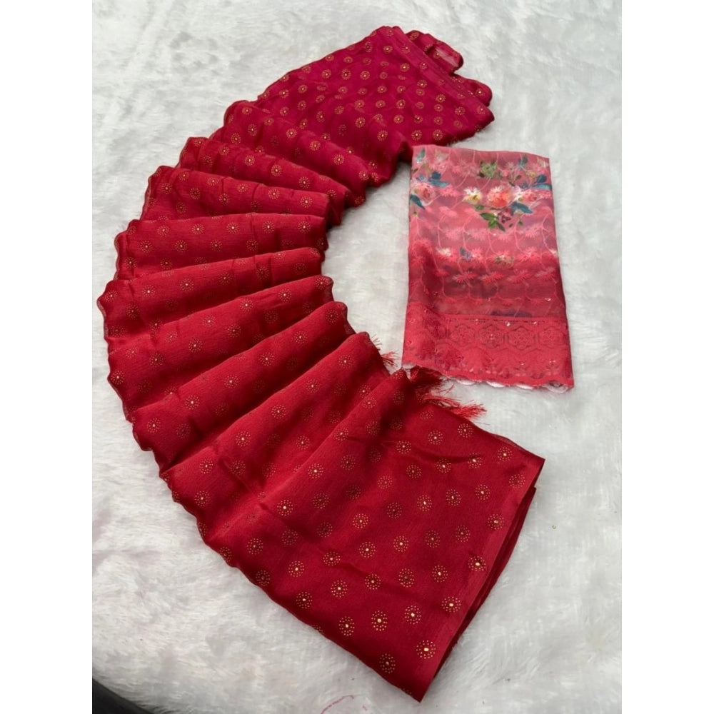 Vaystra Printed Brasso Saree With Unstitched Blouse – Red, Material: Brasso
