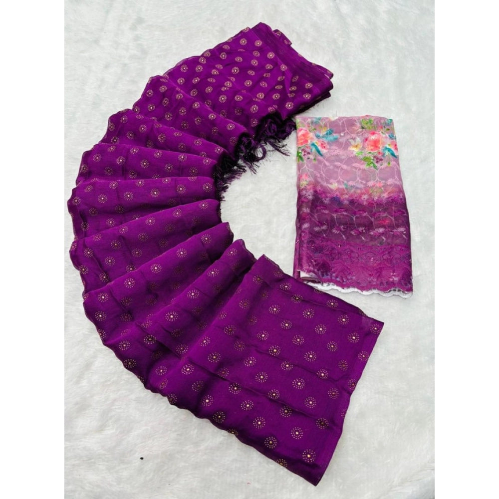Vaystra Printed Brasso Saree With Unstitched Blouse – Magenta, Material: Brasso