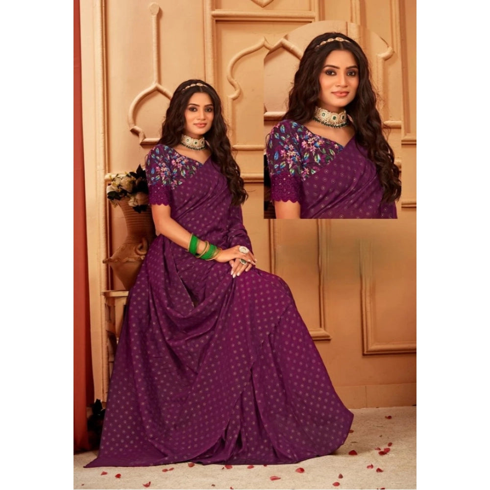 Vaystra Printed Brasso Saree With Unstitched Blouse – Magenta, Material: Brasso