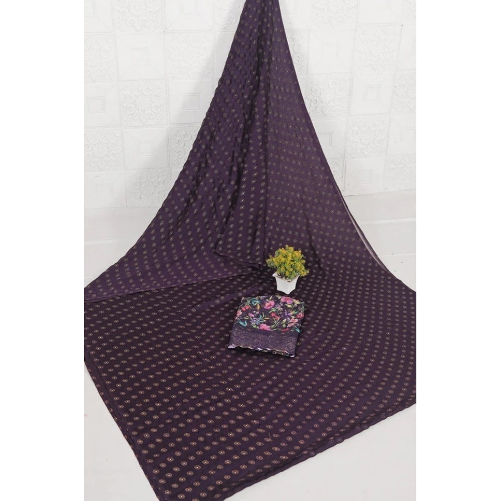 Vaystra Printed Brasso Saree With Unstitched Blouse – Magenta, Material: Brasso