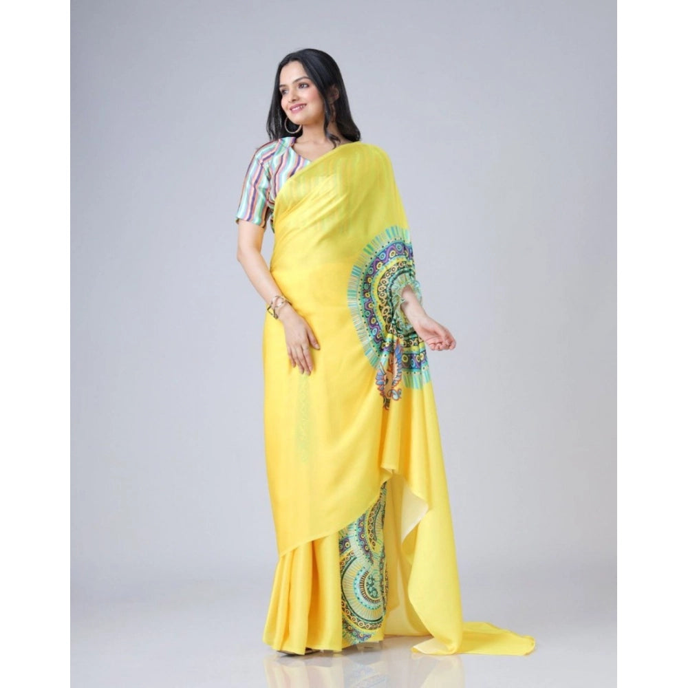 Vaystra Soft Crepe Silk Printed Ready To Wear Saree With Unstitched Blouse 5.5Mtr – Yellow