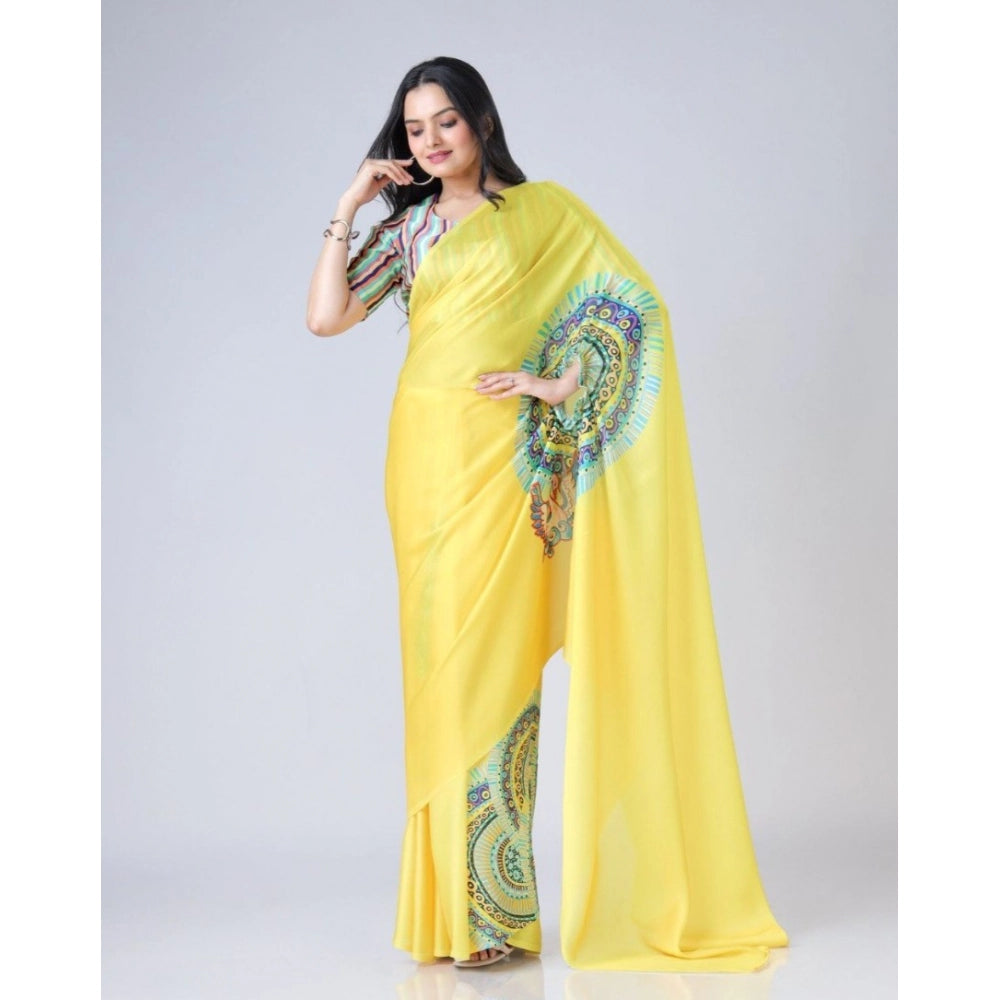 Vaystra Soft Crepe Silk Printed Ready To Wear Saree With Unstitched Blouse 5.5Mtr – Yellow