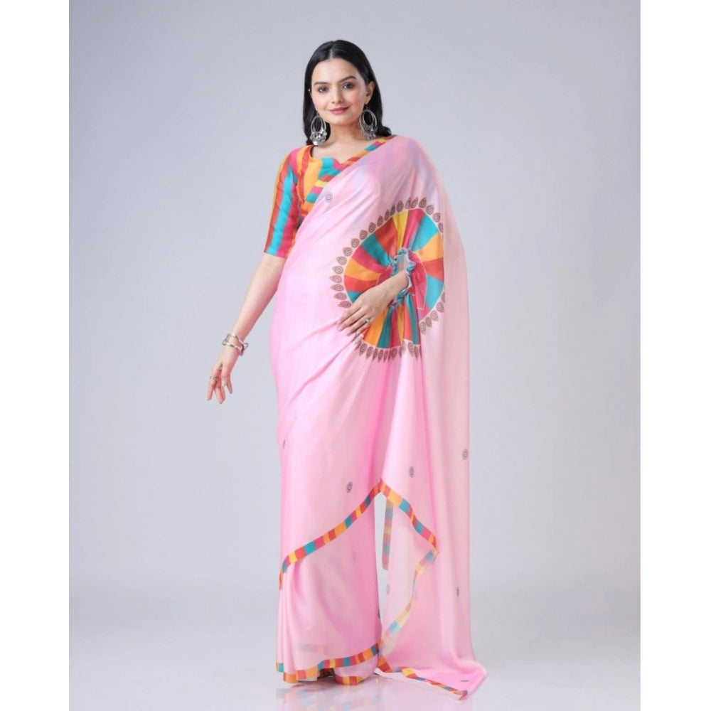 Vaystra Soft Crepe Silk Printed Ready To Wear Saree With Unstitched Blouse 5.5Mtr – Pink