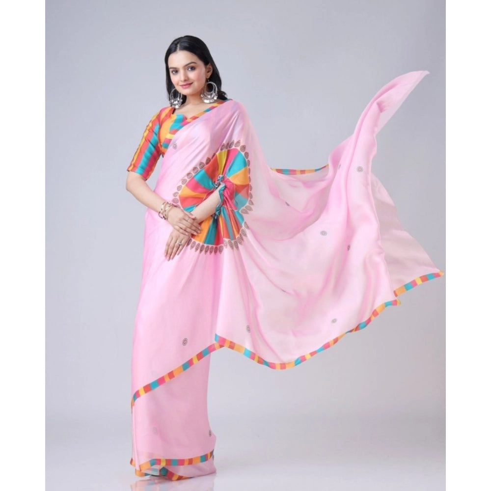 Vaystra Soft Crepe Silk Printed Ready To Wear Saree With Unstitched Blouse 5.5Mtr – Pink