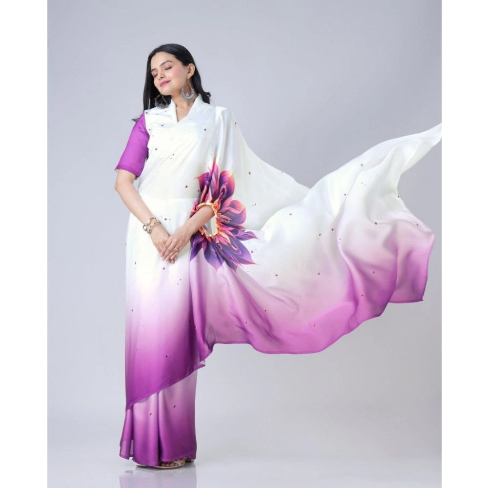 Vaystra Soft Crepe Silk Printed Ready To Wear Saree With Unstitched Blouse 5.5Mtr – Purple