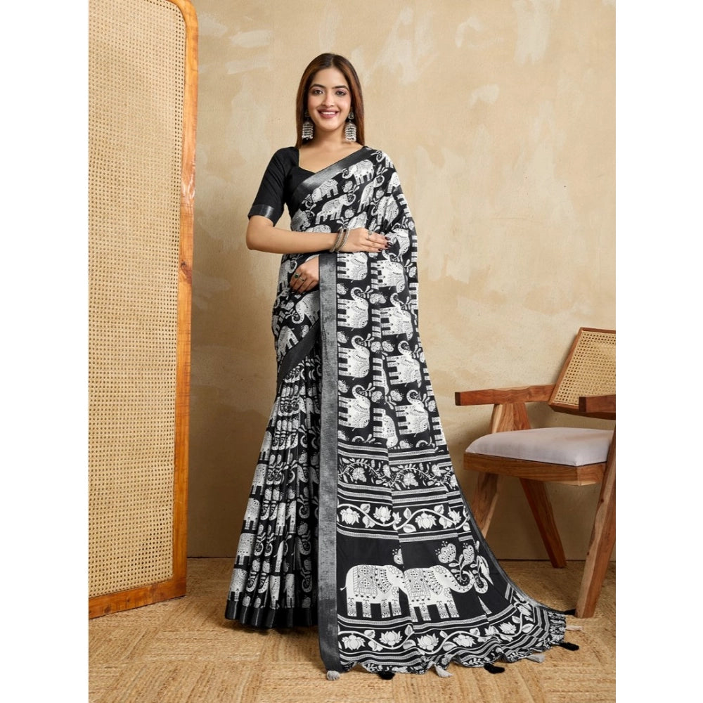 Vaystra Silk Blend Printed Saree With Unstitched Blouse 5.5Mtr – Black