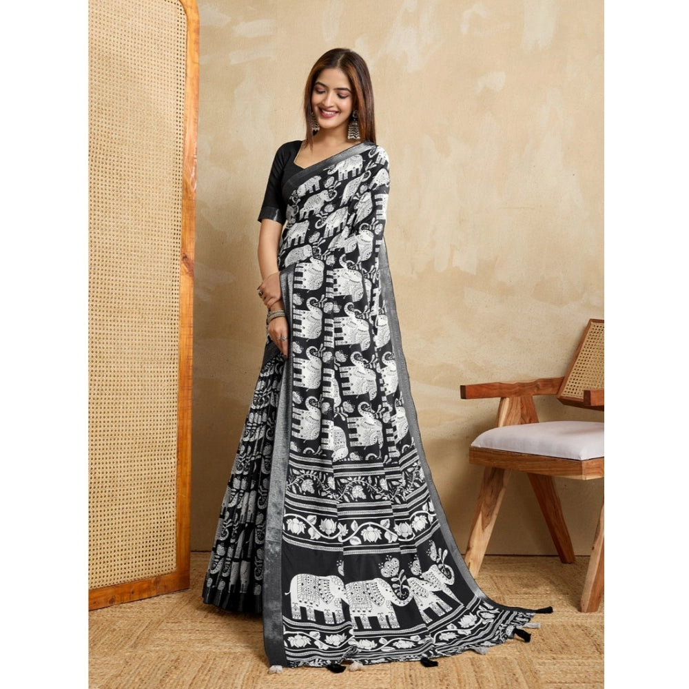Vaystra Silk Blend Printed Saree With Unstitched Blouse 5.5Mtr – Black