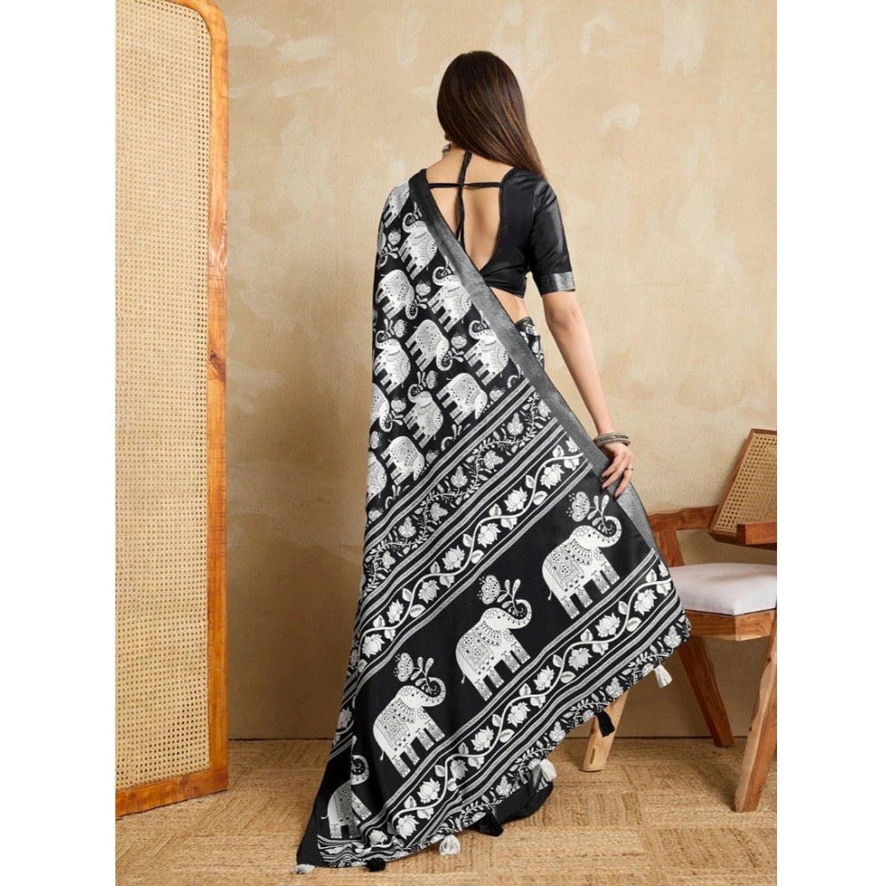 Vaystra Silk Blend Printed Saree With Unstitched Blouse 5.5Mtr – Black