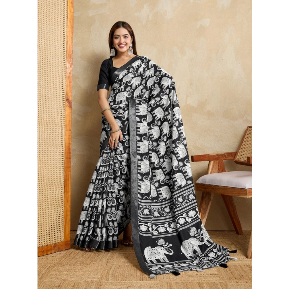 Vaystra Silk Blend Printed Saree With Unstitched Blouse 5.5Mtr – Black
