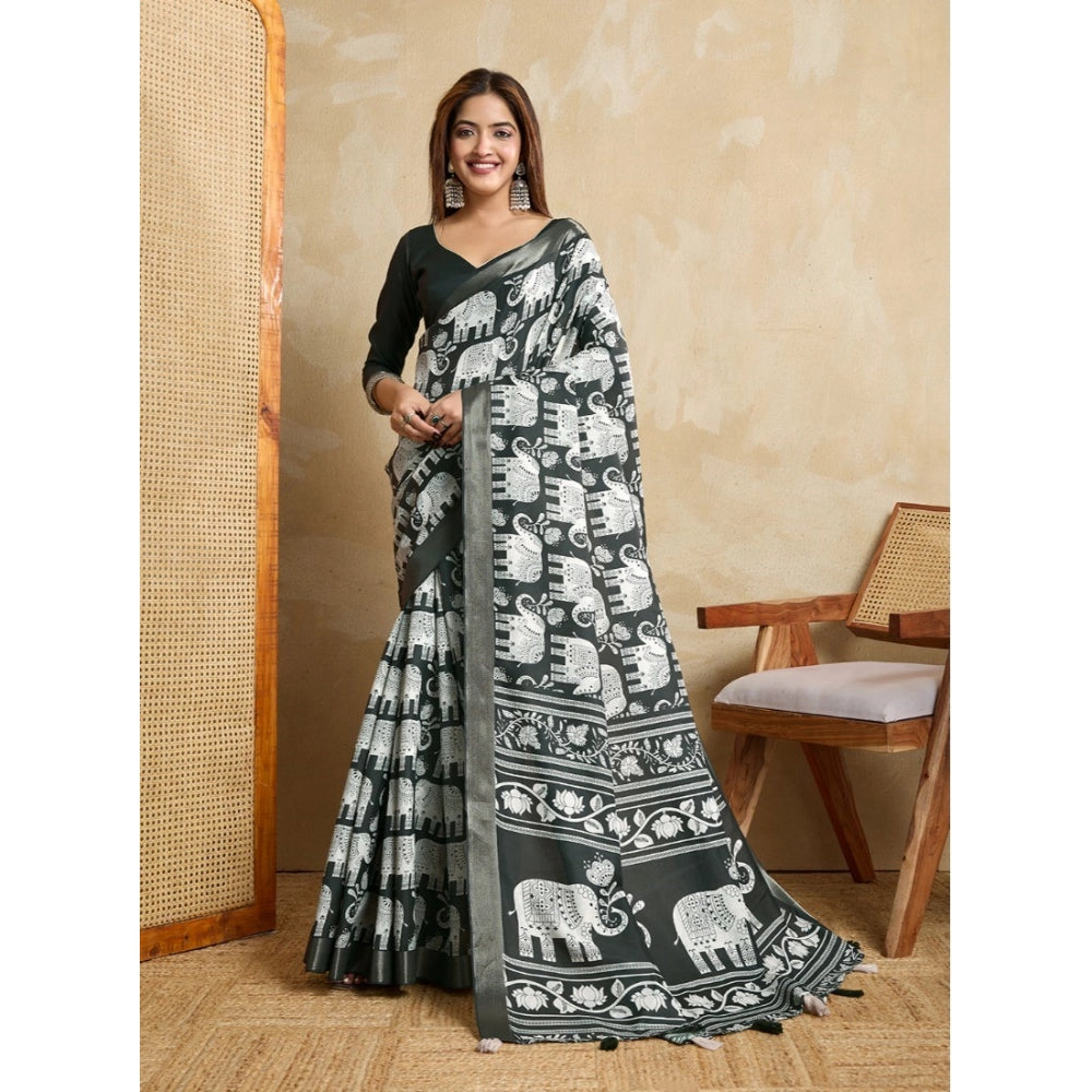 Vaystra Silk Blend Printed Saree With Unstitched Blouse 5.5Mtr – Green