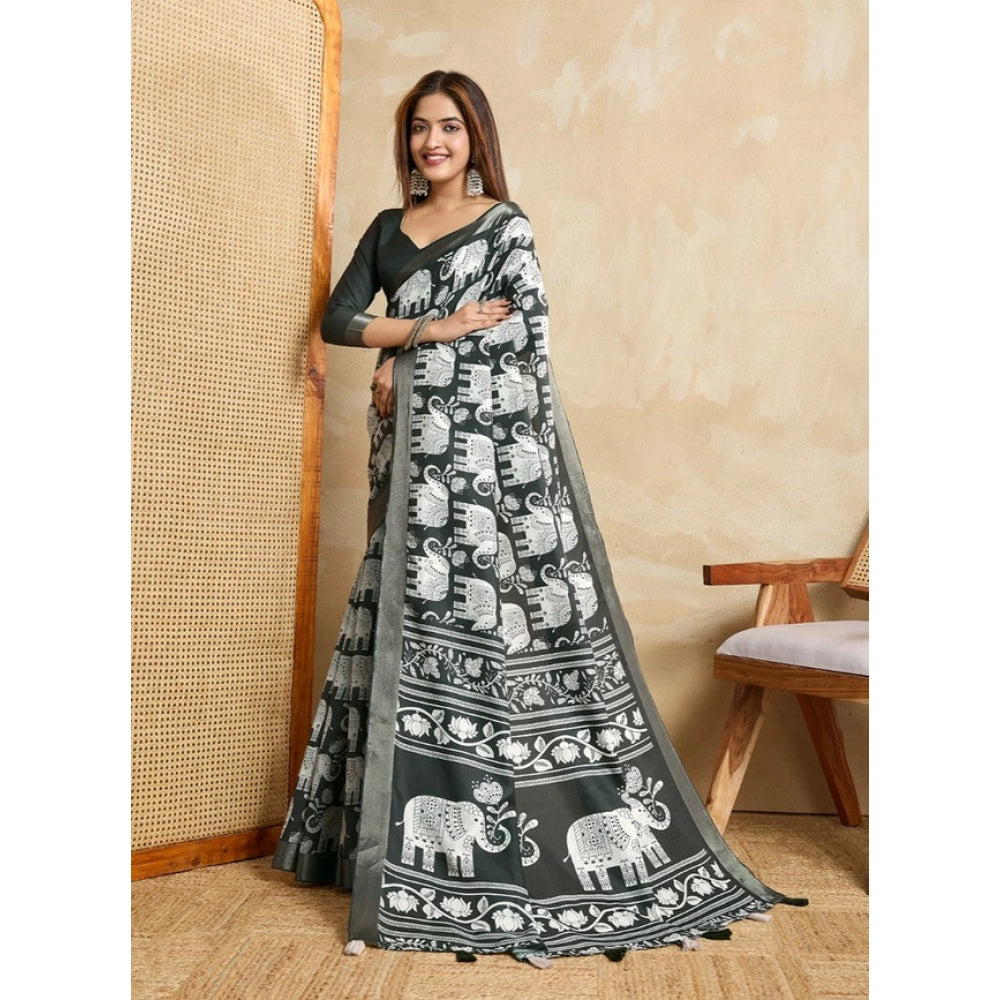 Vaystra Silk Blend Printed Saree With Unstitched Blouse 5.5Mtr – Green
