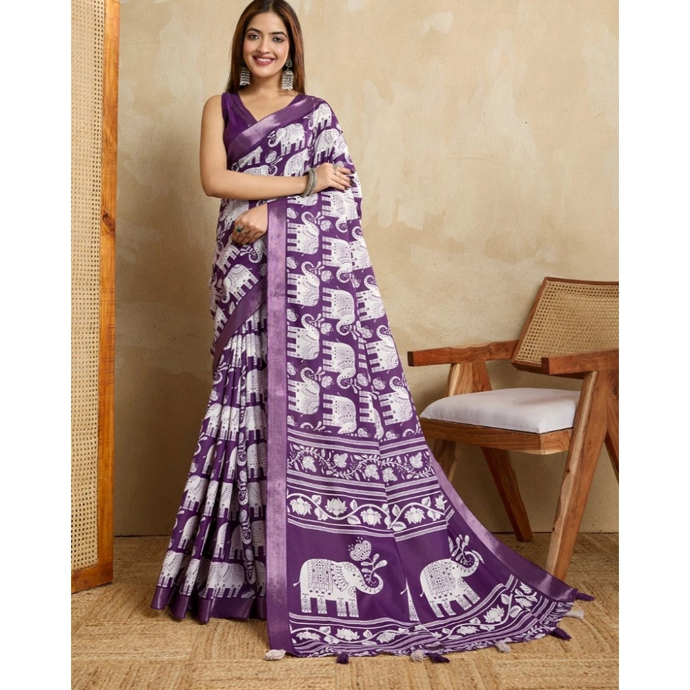 Vaystra Silk Blend Printed Saree With Unstitched Blouse 5.5Mtr – Purple
