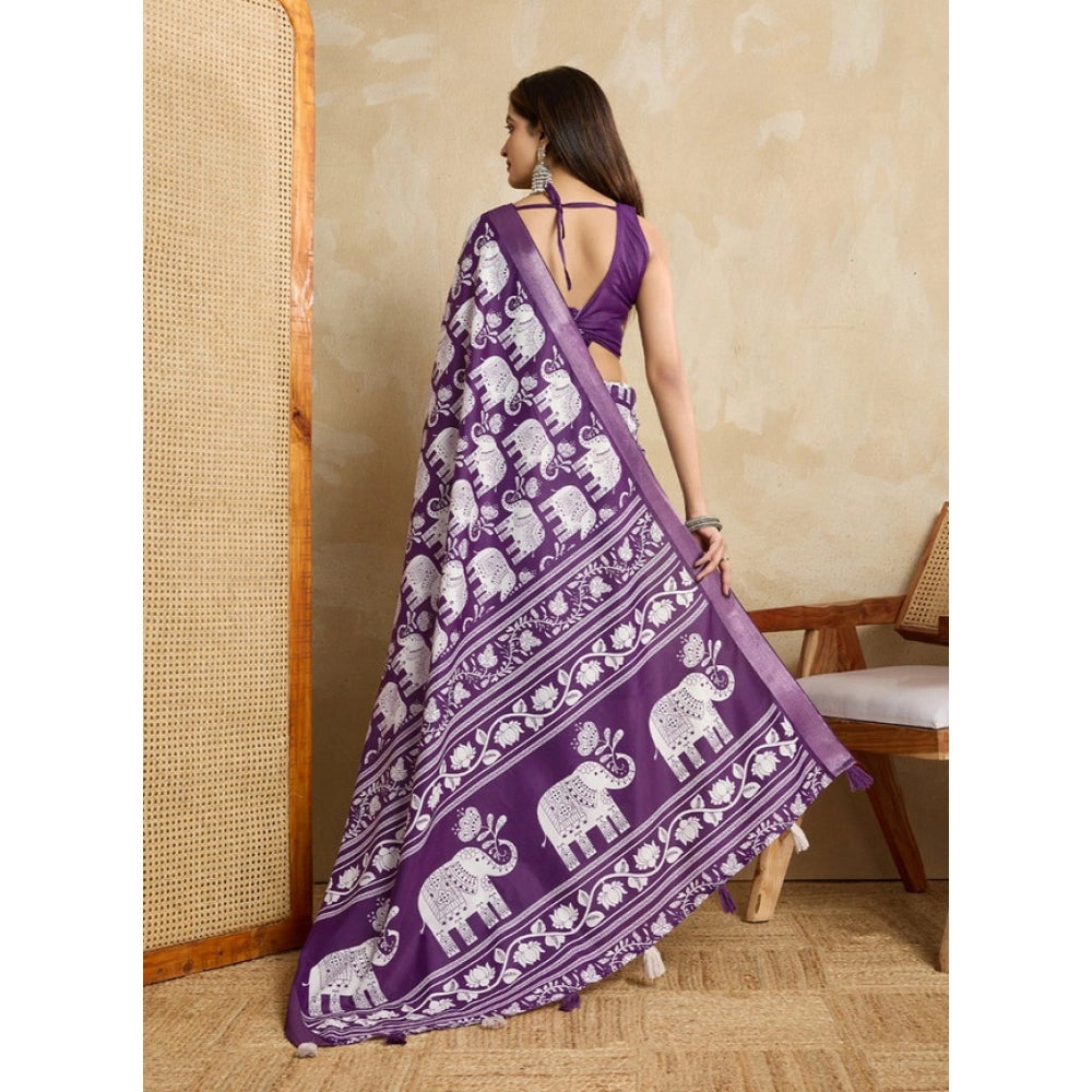 Vaystra Silk Blend Printed Saree With Unstitched Blouse 5.5Mtr – Purple
