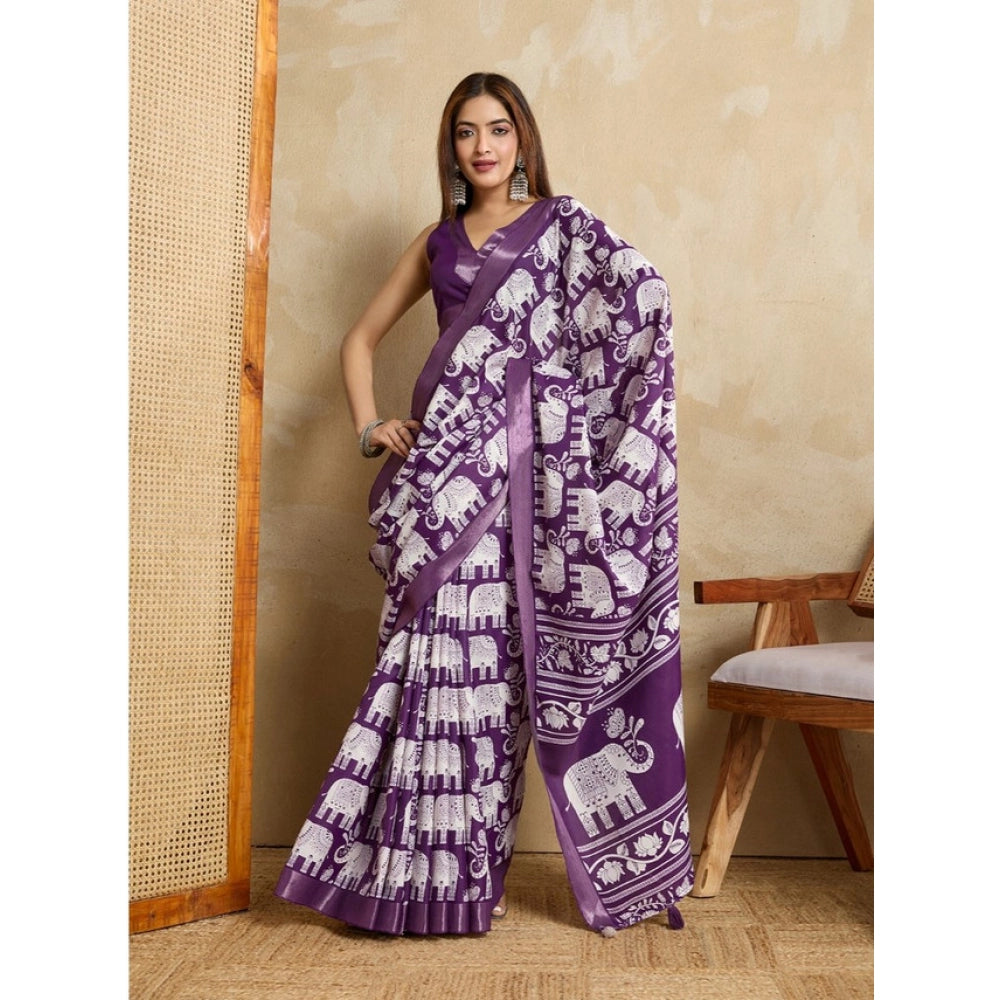 Vaystra Silk Blend Printed Saree With Unstitched Blouse 5.5Mtr – Purple