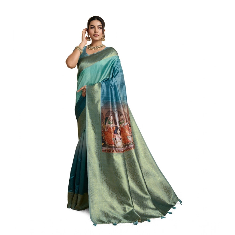 Vaystra Silk Printed Saree With Unstitched Blouse 5.5Mtr – Blue