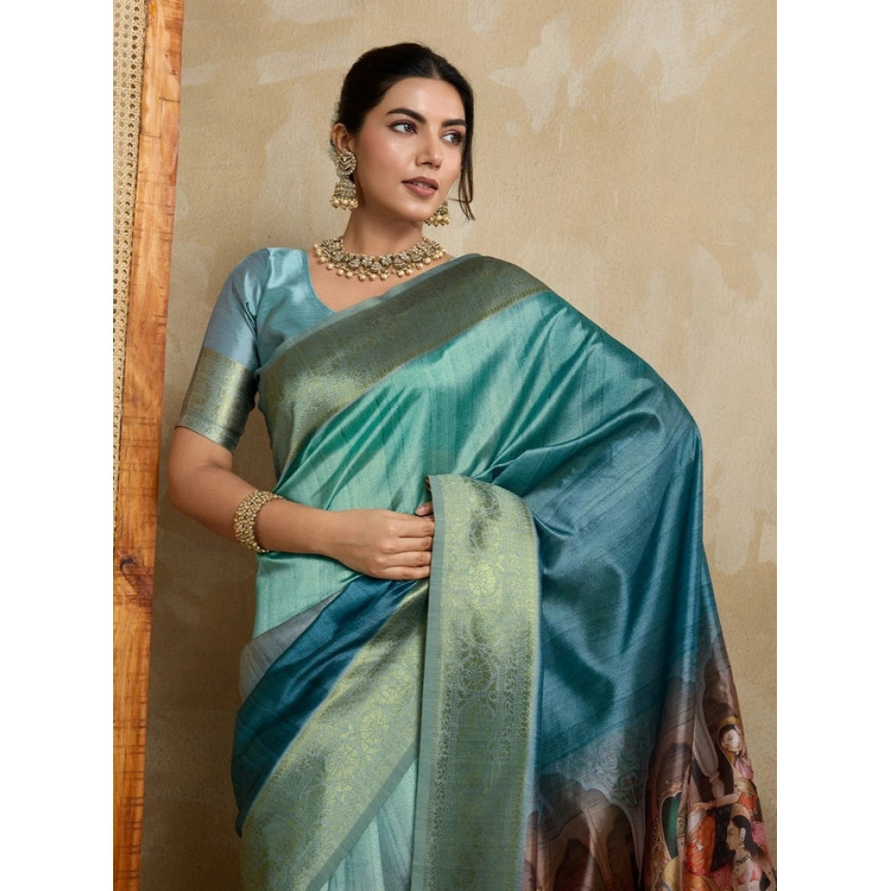 Vaystra Silk Printed Saree With Unstitched Blouse 5.5Mtr – Blue