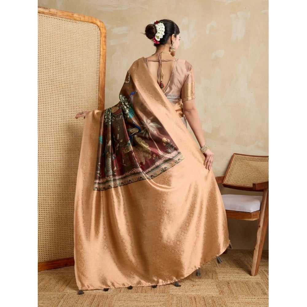 Vaystra Silk Printed Saree With Unstitched Blouse 5.5Mtr – Brown