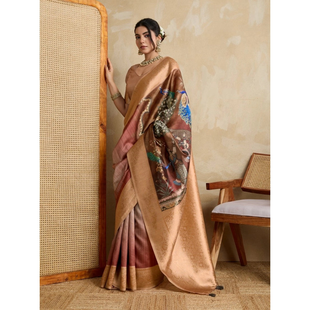 Vaystra Silk Printed Saree With Unstitched Blouse 5.5Mtr – Brown