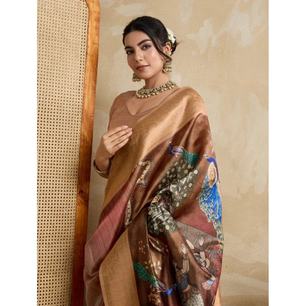 Vaystra Silk Printed Saree With Unstitched Blouse 5.5Mtr – Brown