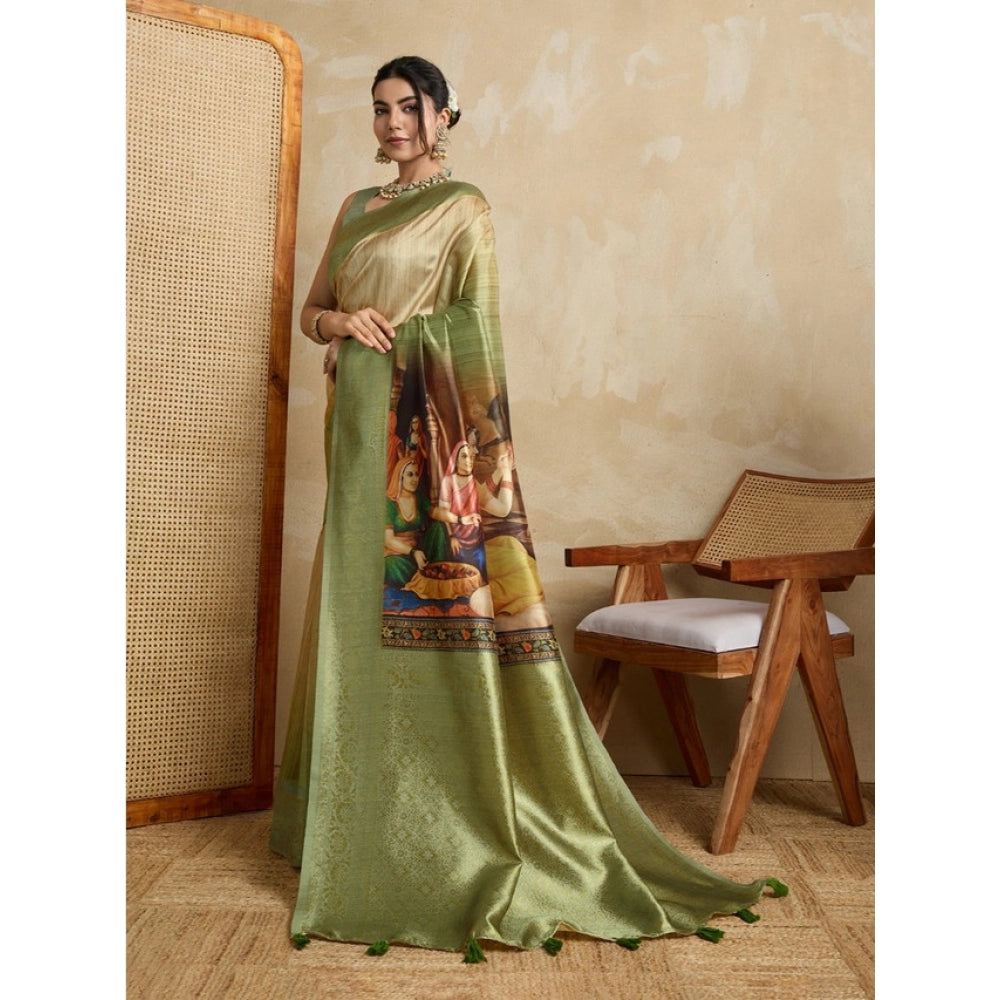 Vaystra Silk Printed Saree With Unstitched Blouse 5.5Mtr – Mehendi