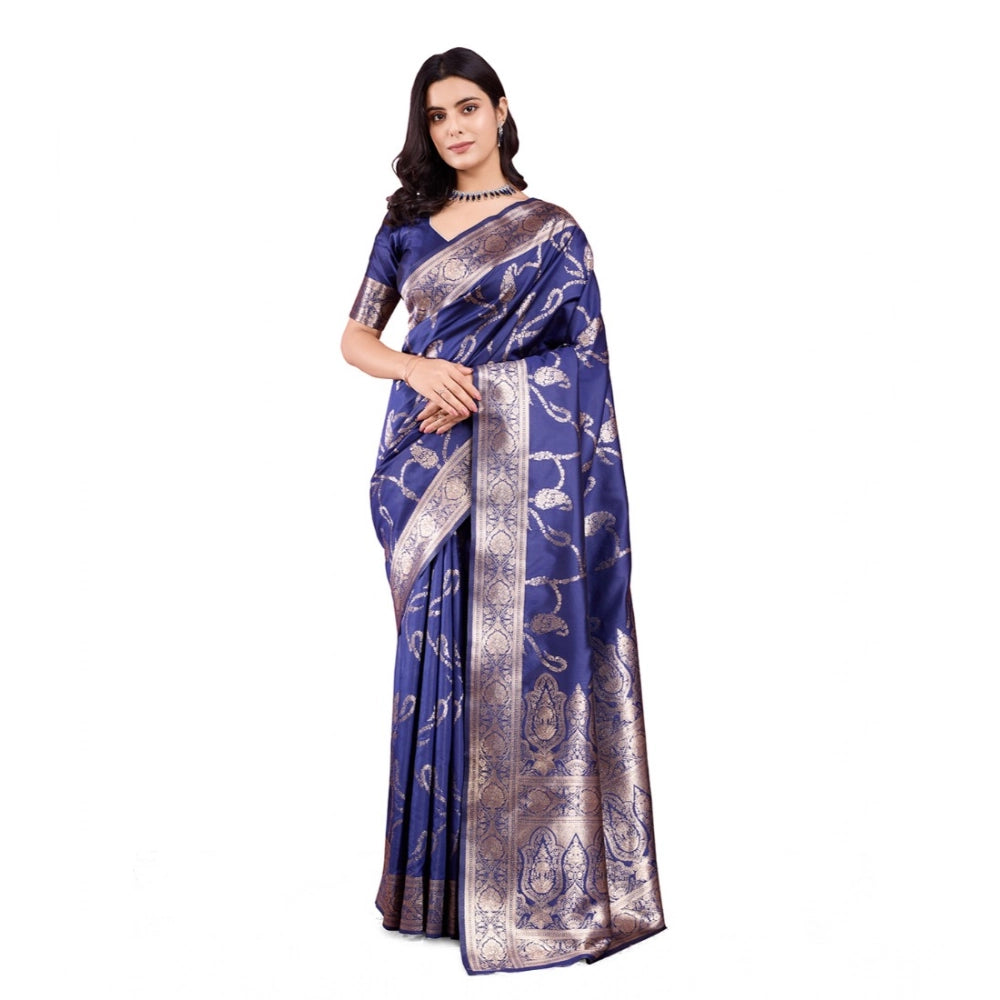 Vaystra Banarasi Silk Printed Saree With Unstitched Blouse 5.5Mtr – Blue
