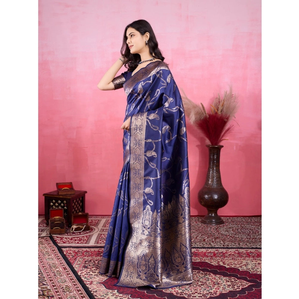 Vaystra Banarasi Silk Printed Saree With Unstitched Blouse 5.5Mtr – Blue