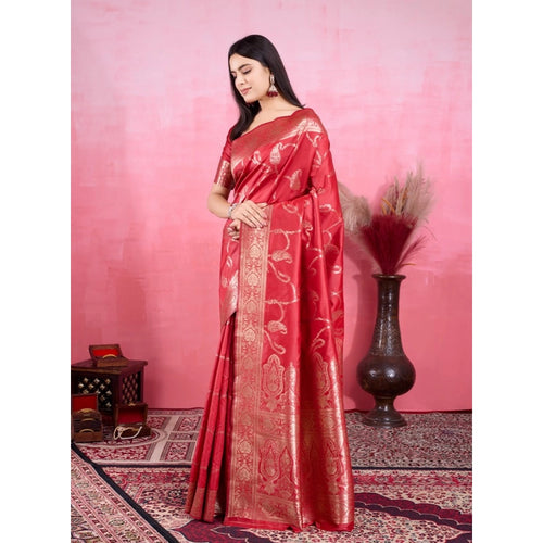 Vaystra Banarasi Silk Printed Saree With Unstitched Blouse 5.5Mtr – Red