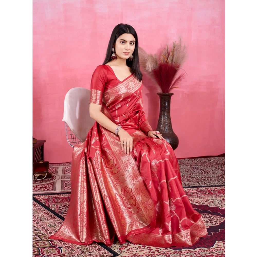 Vaystra Banarasi Silk Printed Saree With Unstitched Blouse 5.5Mtr – Red