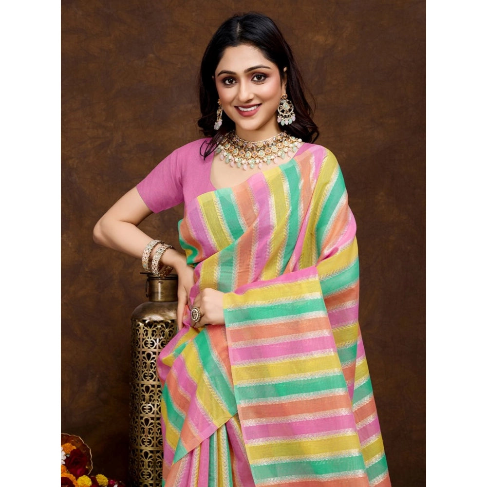Vaystra Cotton Blended Printed Saree With Unstitched Blouse 5.5Mtr – Pink