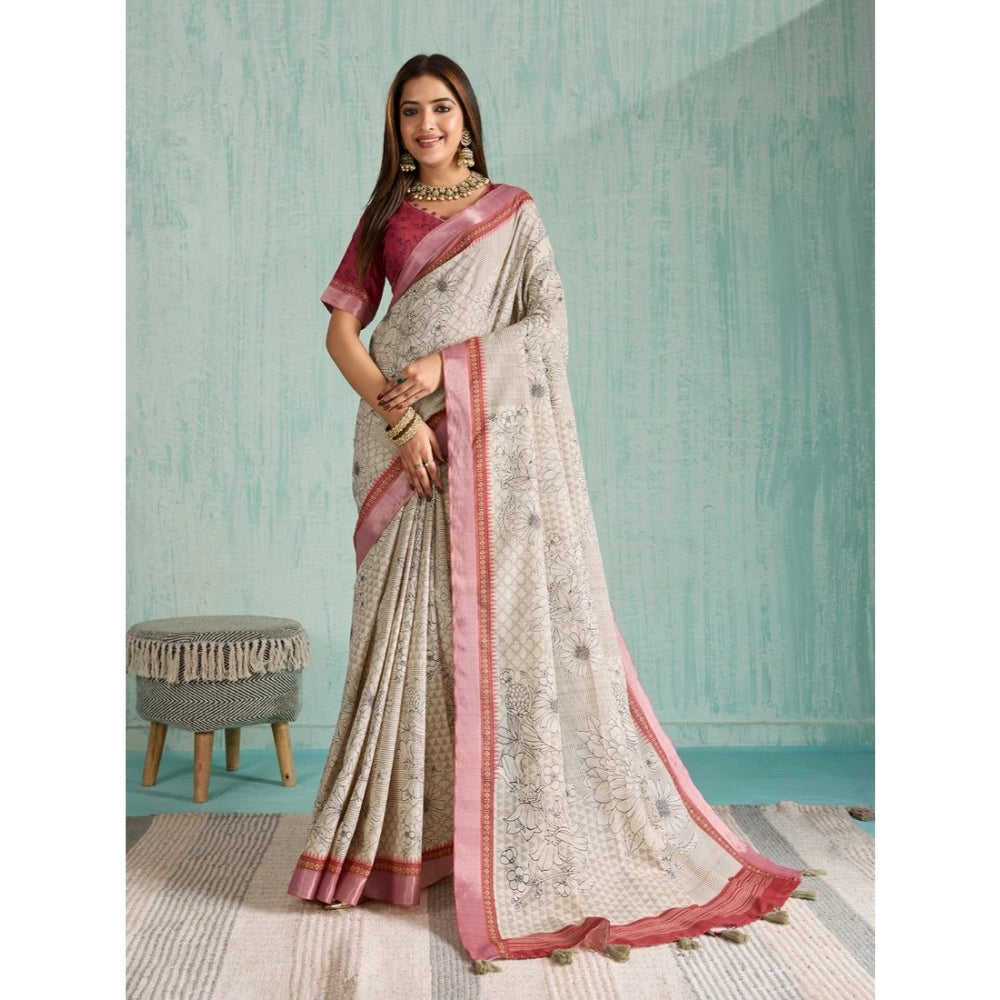 Vaystra Silk Blend Printed Saree With Unstitched Blouse 5.5Mtr – Beige