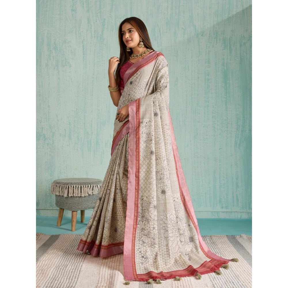 Vaystra Silk Blend Printed Saree With Unstitched Blouse 5.5Mtr – Beige