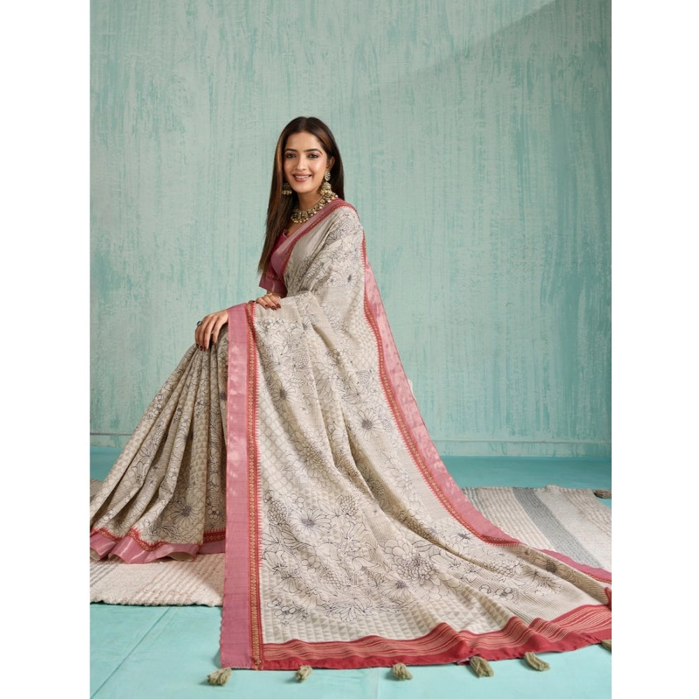 Vaystra Silk Blend Printed Saree With Unstitched Blouse 5.5Mtr – Beige