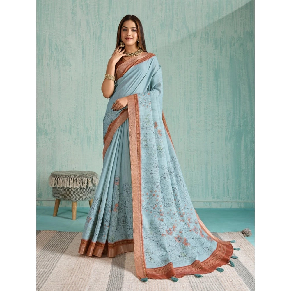 Vaystra Silk Blend Printed Saree With Unstitched Blouse 5.5Mtr – Blue