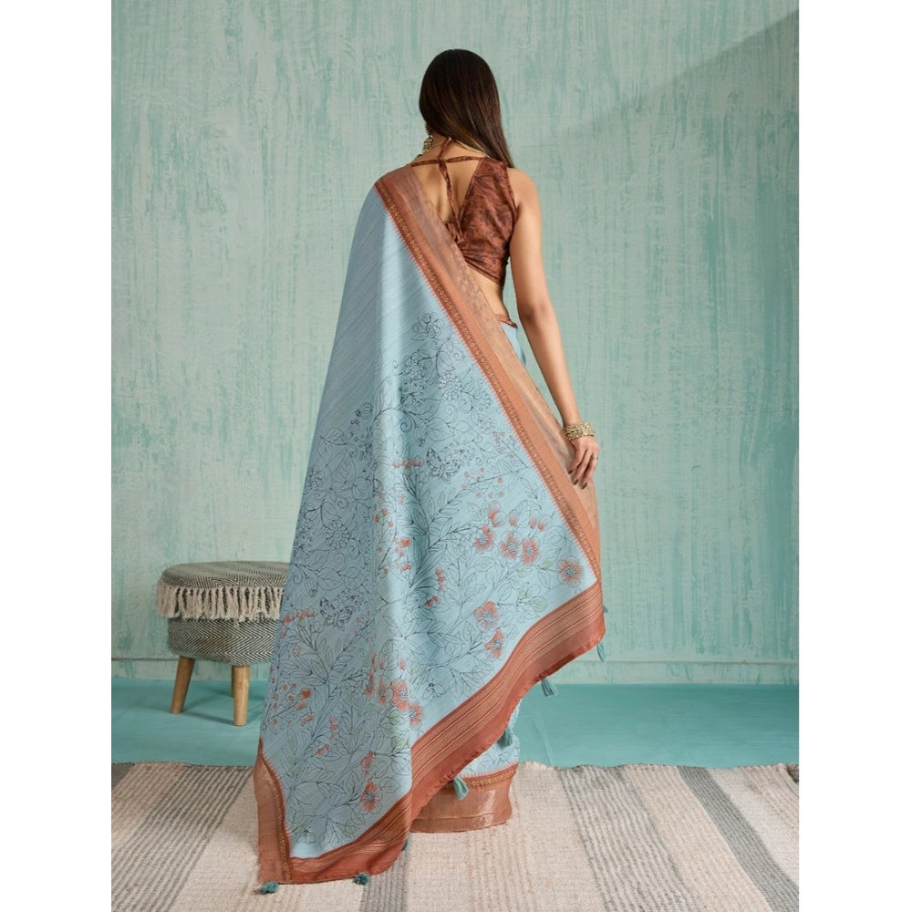 Vaystra Silk Blend Printed Saree With Unstitched Blouse 5.5Mtr – Blue