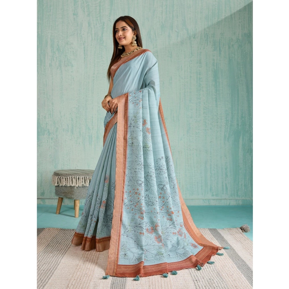 Vaystra Silk Blend Printed Saree With Unstitched Blouse 5.5Mtr – Blue