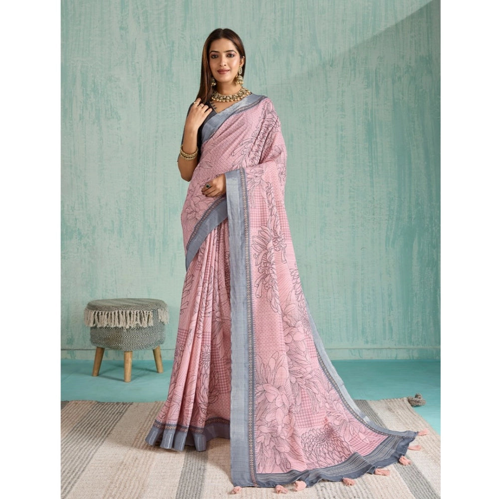Vaystra Silk Blend Printed Saree With Unstitched Blouse 5.5Mtr – Pink
