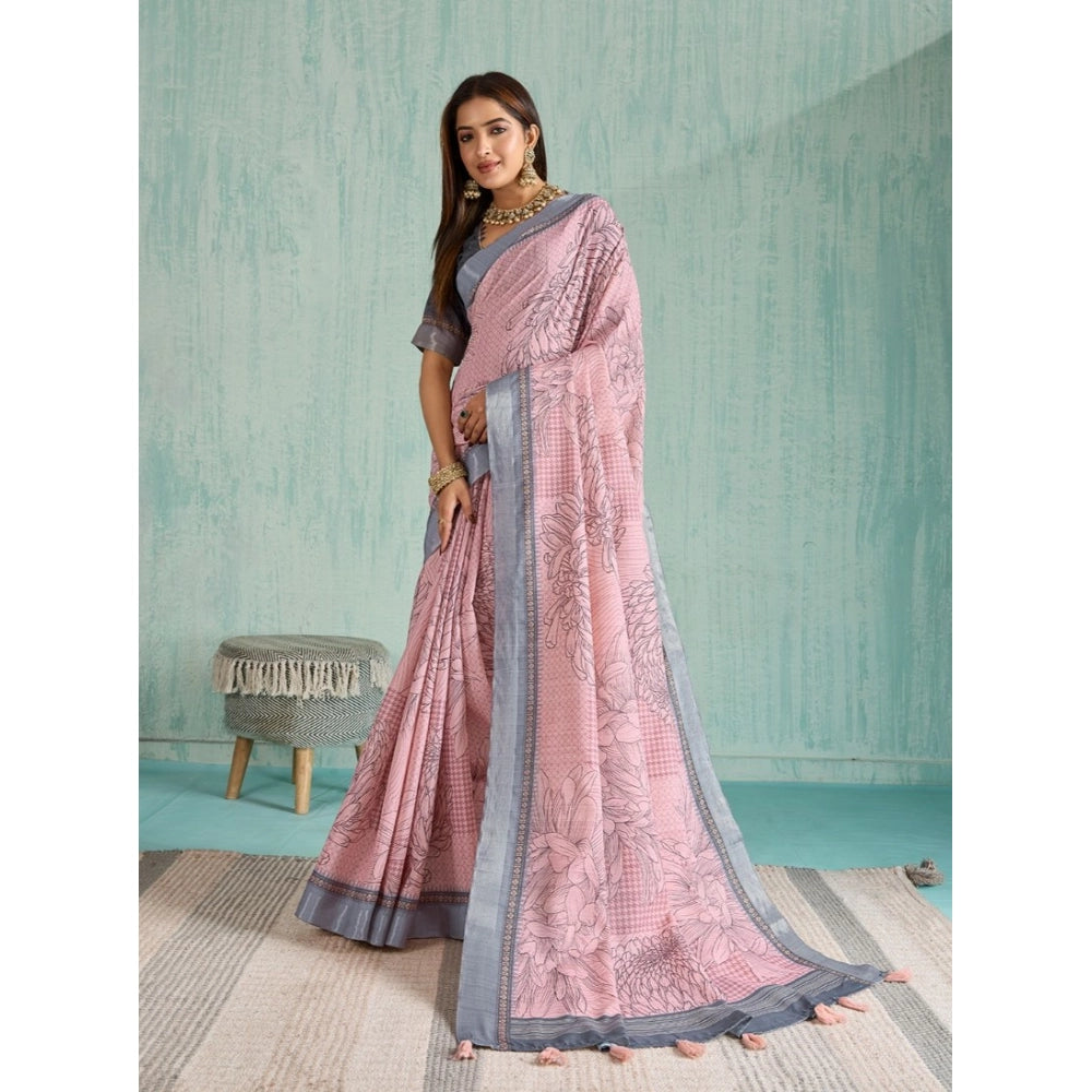 Vaystra Silk Blend Printed Saree With Unstitched Blouse 5.5Mtr – Pink