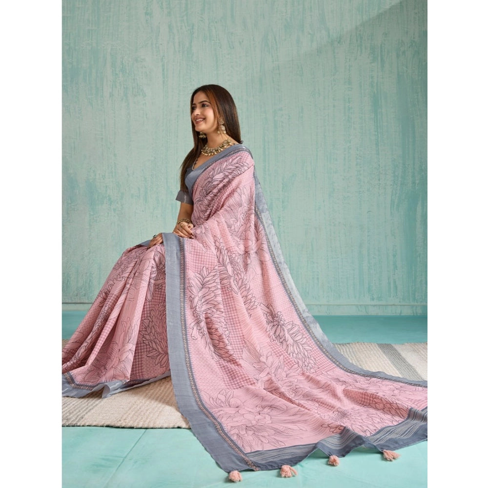 Vaystra Silk Blend Printed Saree With Unstitched Blouse 5.5Mtr – Pink