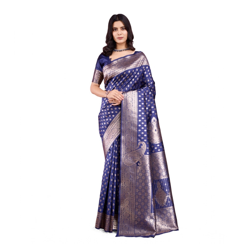 Vaystra Banarasi Silk Printed Saree With Unstitched Blouse 5.5Mtr – Blue