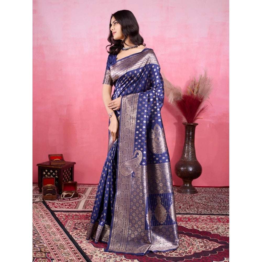 Vaystra Banarasi Silk Printed Saree With Unstitched Blouse 5.5Mtr – Blue